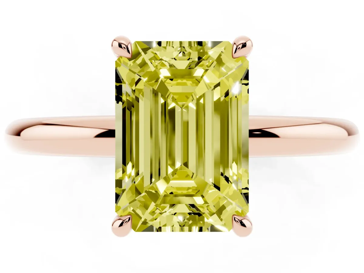 Fancy Yellow Emerald Cut Diamond Solitaire Ring with Thin Band and Four-Prong Setting Rose gold
