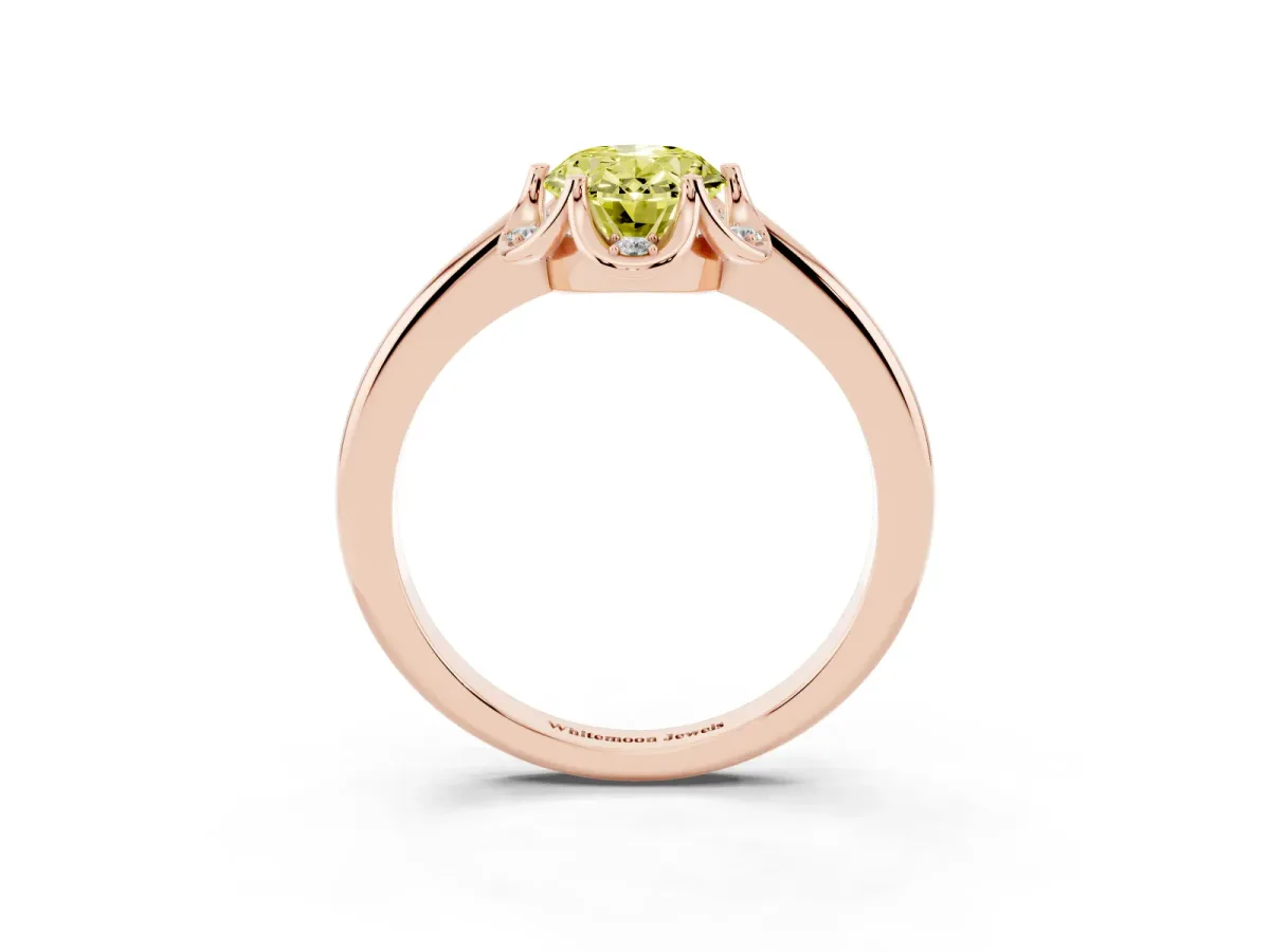 Fancy Yellow Oval Cut Halo Diamond Ring with Round Cluster Setting, Solitaire Band, and Four-Prong Setting Rose gold
