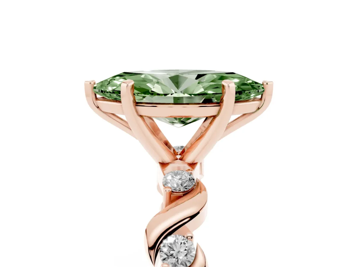 Fancy Green Marquise Cut Diamond Solitaire Twisted Band with Round Accents and Prong Setting Rose gold