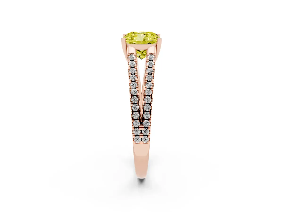 Fancy Yellow Cushion Cut Diamond Solitaire Engagement Ring with Split Shank Pavé Band Rose gold