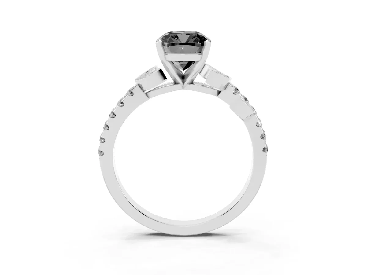Fancy Black Cushion Cut Solitaire Leaf-Inspired Diamond Ring with Pavé Band and Four-Prong Setting Silver