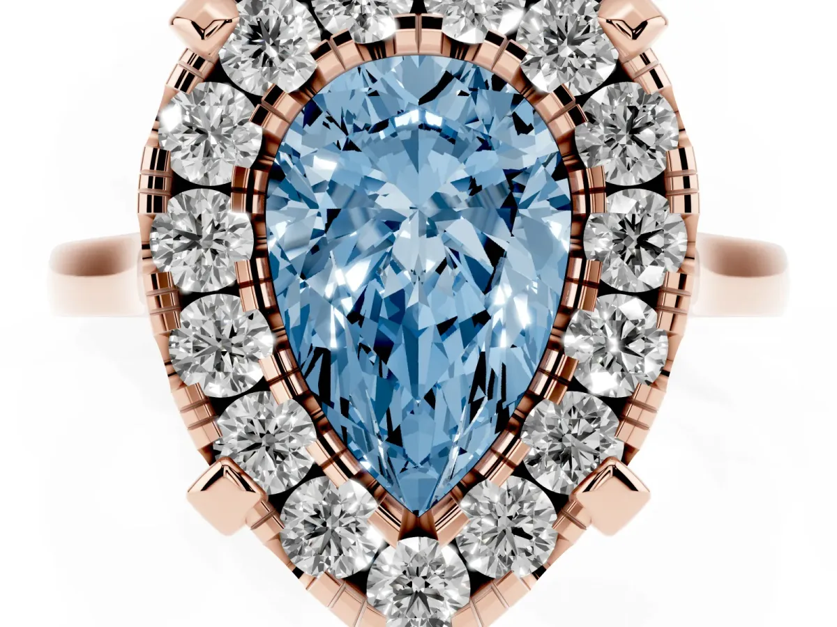 Fancy Blue Pear Cut Diamond Cluster Halo Solitaire with Four-Prong Setting Rose gold