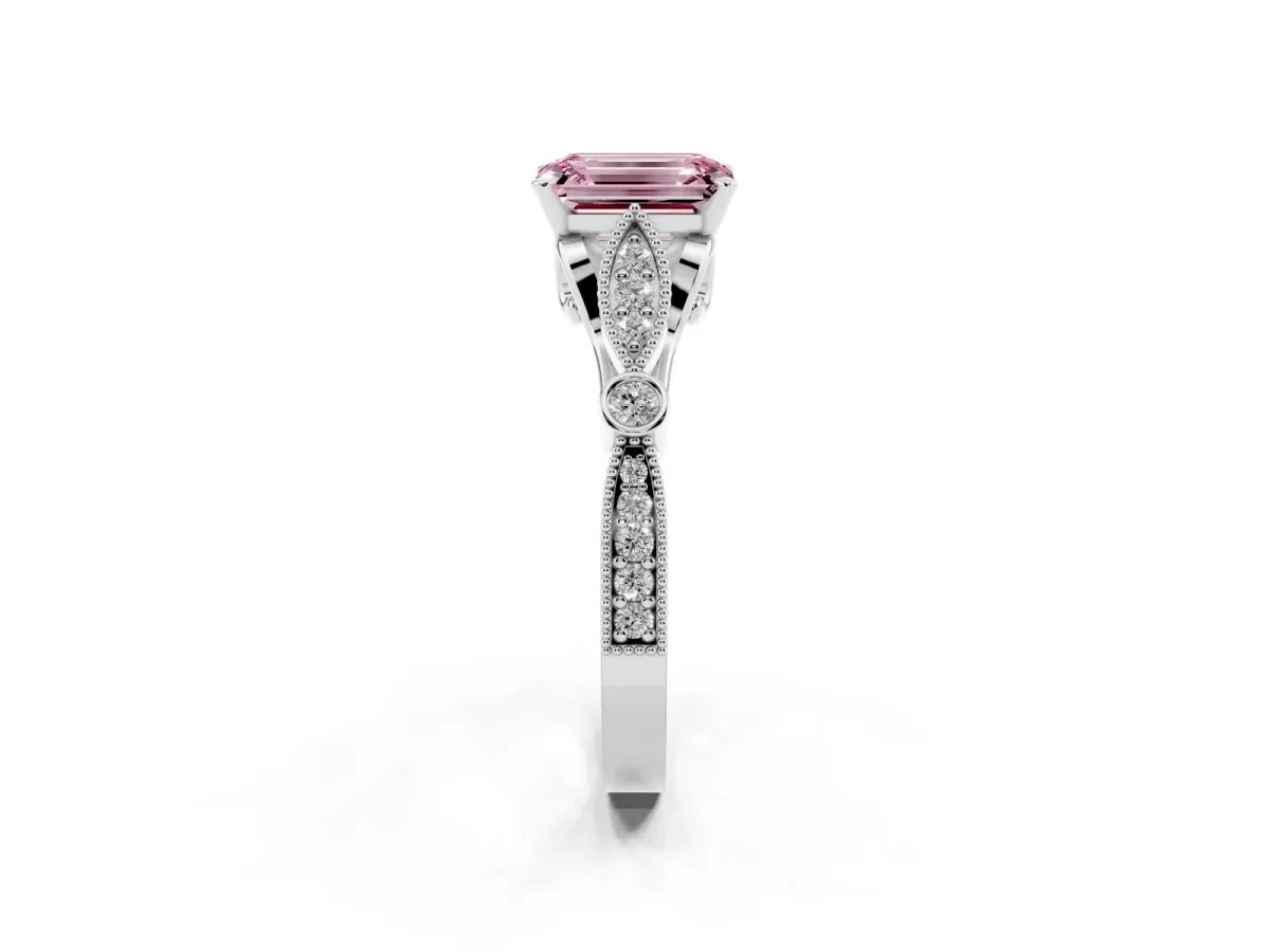 Fancy Pink Emerald Cut Cut Diamond with Milgrain Marquise and Bezel Accents on a Solitaire Band with Prong Setting Silver