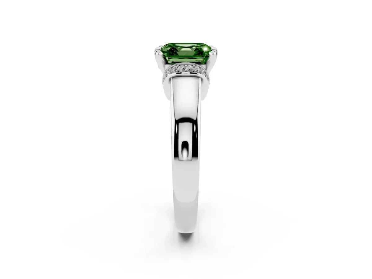 Fancy Green Asscher Cut Solitaire Diamond Ring with Pave Band and Six-Prong Setting Platinum