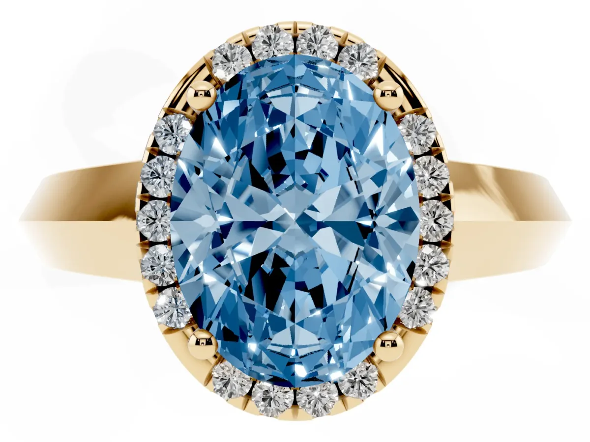 Fancy Blue Oval Cut Halo Diamond Ring with Cathedral Band and Four-Prong Setting Yellow gold