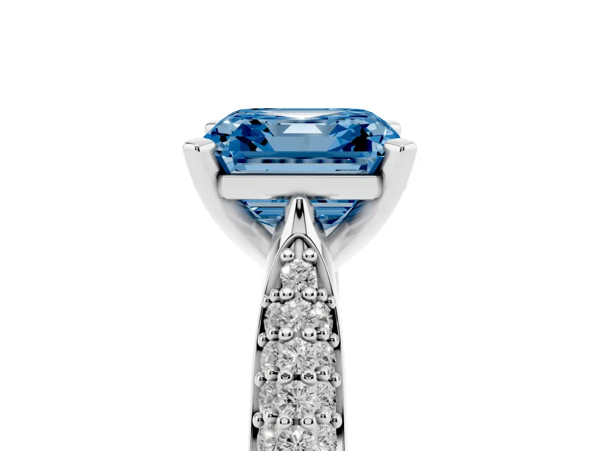 Fancy Blue Asscher Cut Diamond Solitaire Engagement Ring with Multi-Row Round Pavé Band and Prong Setting Silver