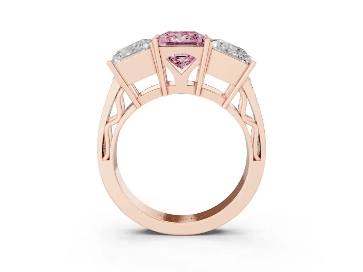 Fancy Pink Princess Cut Diamond Three-Stone Ring with Prong Setting and Textured Band Rose gold