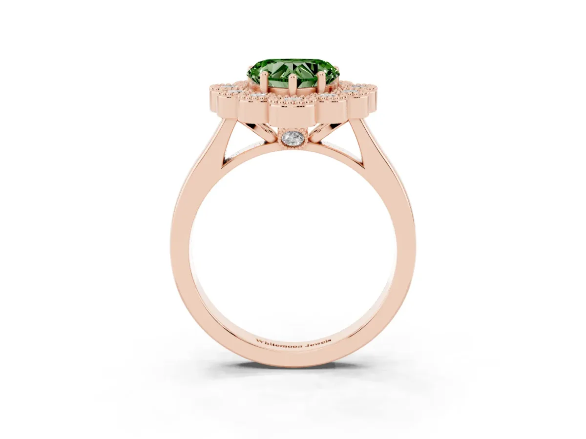 Fancy Green Heart Cut Halo Diamond Cluster Engagement Ring with Milgrain Bezel Setting and Solitaire Band Rose gold