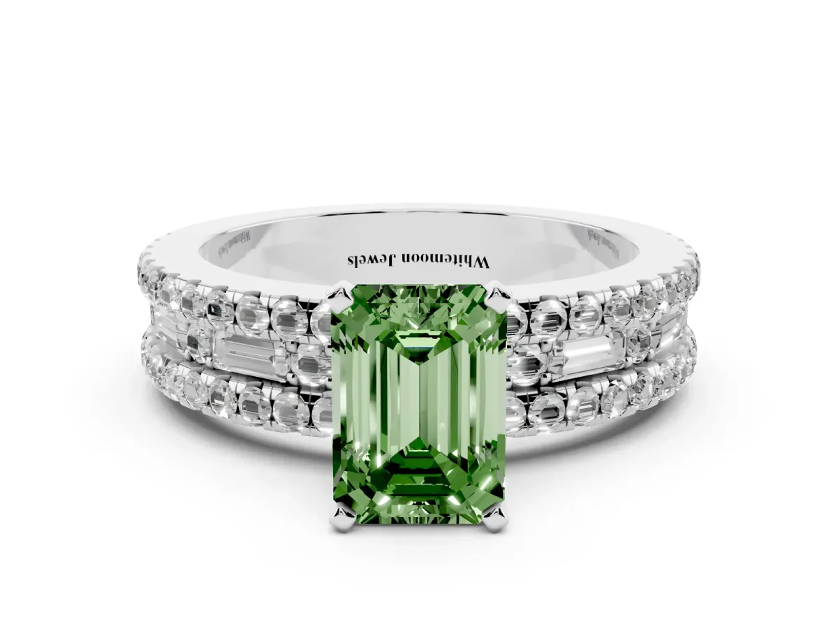 Fancy Green Emerald Cut Diamond Solitaire Ring with Pavé and Channel Set Band White gold