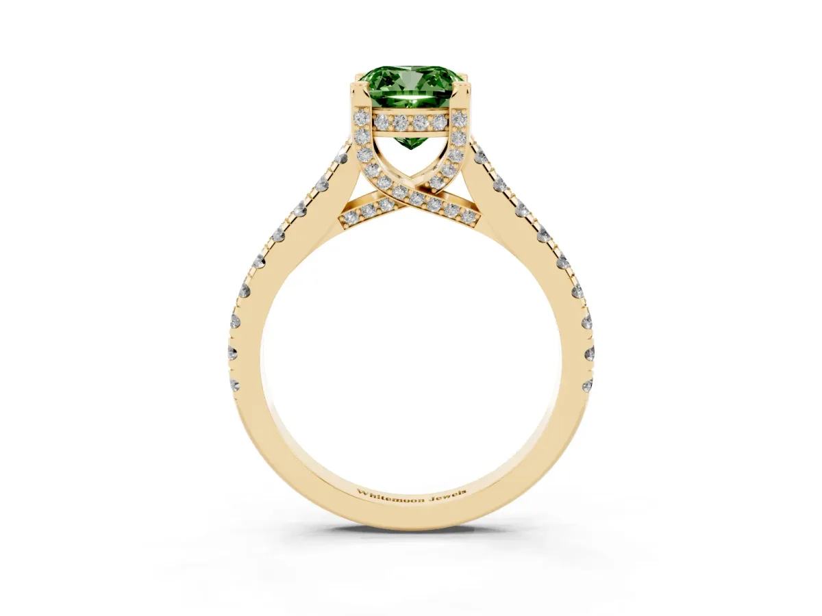 Fancy Green Cushion Cut Brilliant Diamond Solitaire with Pavé Band and Four-Prong Setting Yellow gold