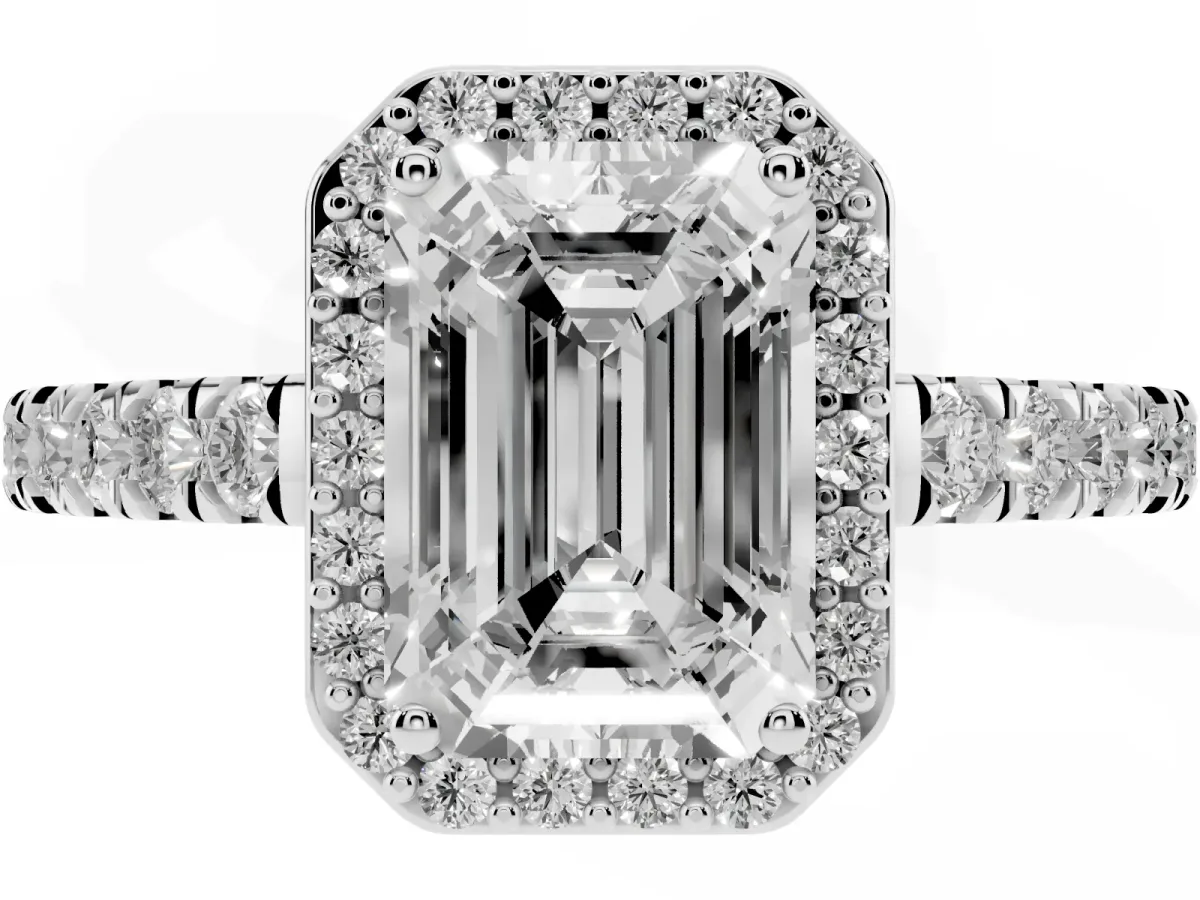 Emerald Cut Cut Halo Diamond Engagement Ring with Pave Band and Four-Prong Setting White gold