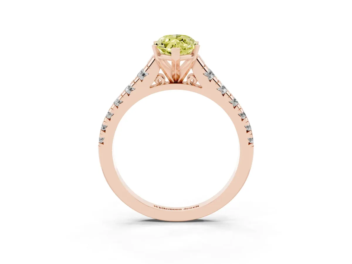 Fancy Yellow Marquise Cut Diamond Cathedral Solitaire Ring with Round Pavé Band Rose gold