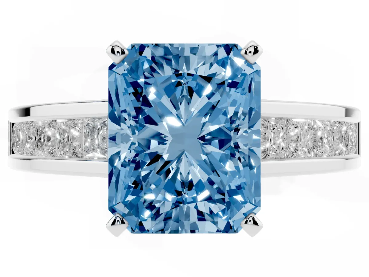 Fancy Blue Radiant Cut Solitaire Diamond Ring with Channel-Set Band and Four-Prong Setting Silver