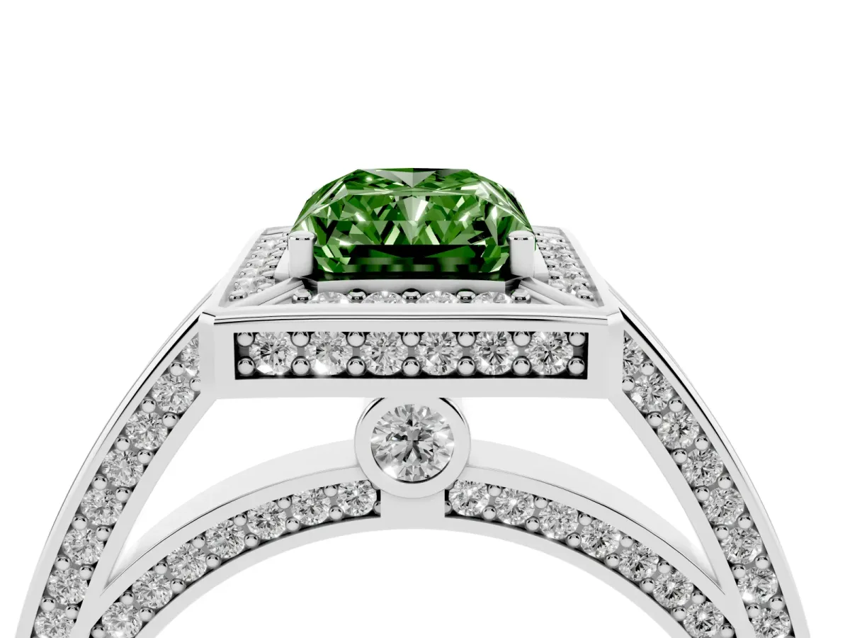 Fancy Green Radiant Cut Cut Halo Pave Split Shank Prong Setting Ring Silver
