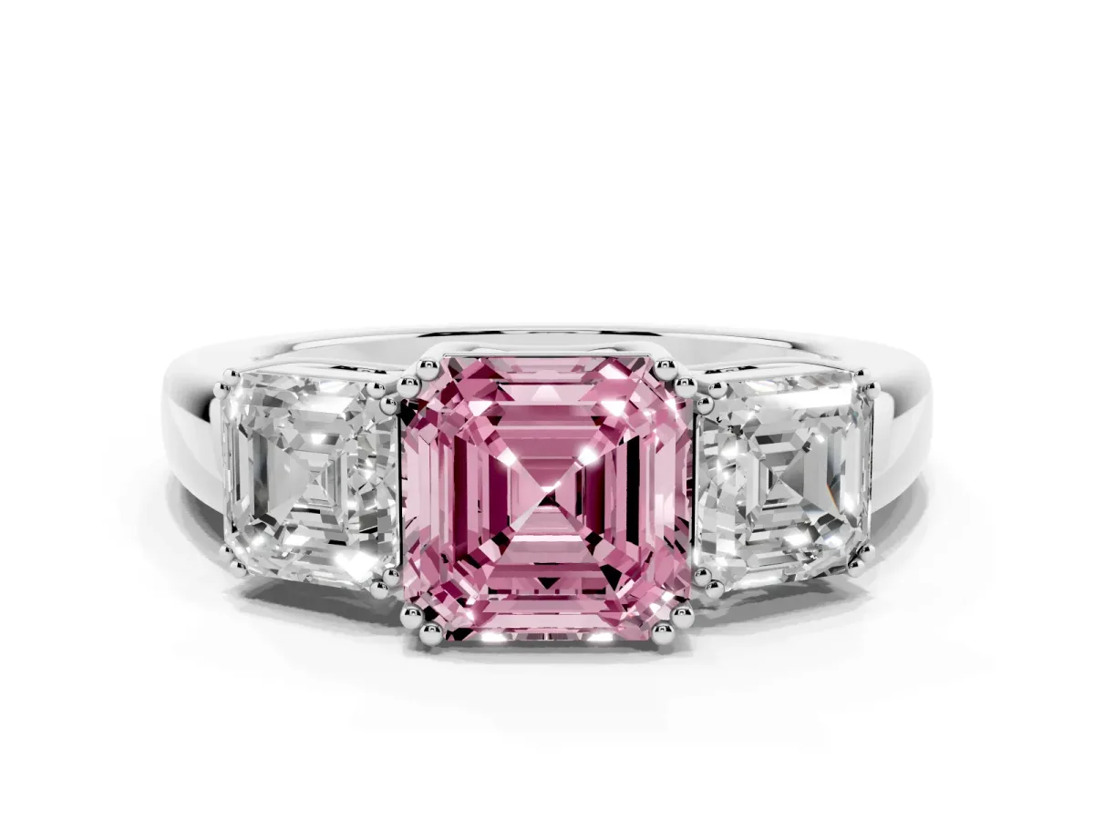 Fancy Pink Three-Stone Asscher Cut Cut Diamond Ring with Channel Set Band and Four-Prong Setting Silver