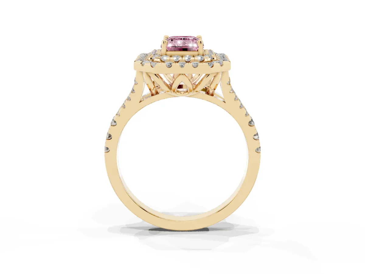 Fancy Pink Double Halo Emerald Cut Diamond Pavé Split Shank Ring with Prong Setting Yellow gold