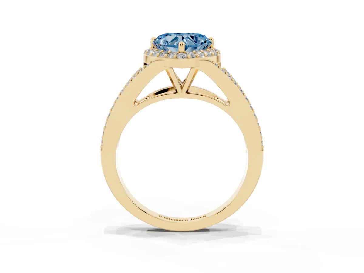 Fancy Blue Heart Cut Halo Split Shank Diamond Ring with Prong Setting Yellow gold