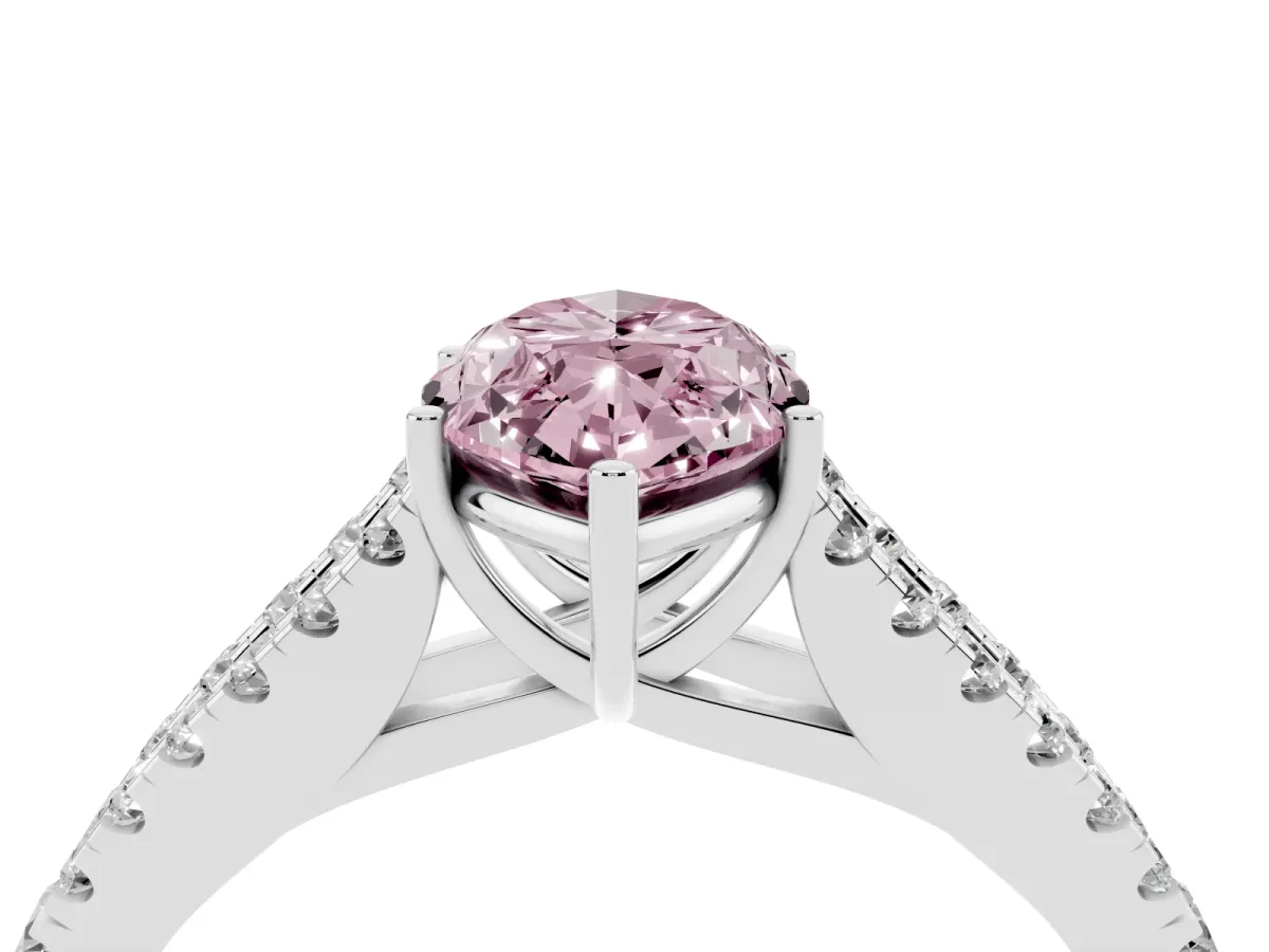 Fancy Pink Marquise Cut Diamond Split Shank Engagement Ring with Round Pavé and Prong Setting Silver