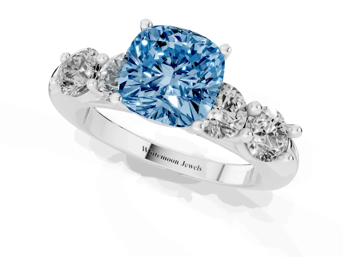 Fancy Blue Cushion Cut Cut Five-Stone Prong Set Diamond Ring with Classic Band Silver
