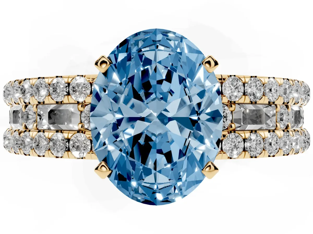 Fancy Blue Oval Cut Diamond Solitaire Ring with Pavé and Channel Set Band Yellow gold