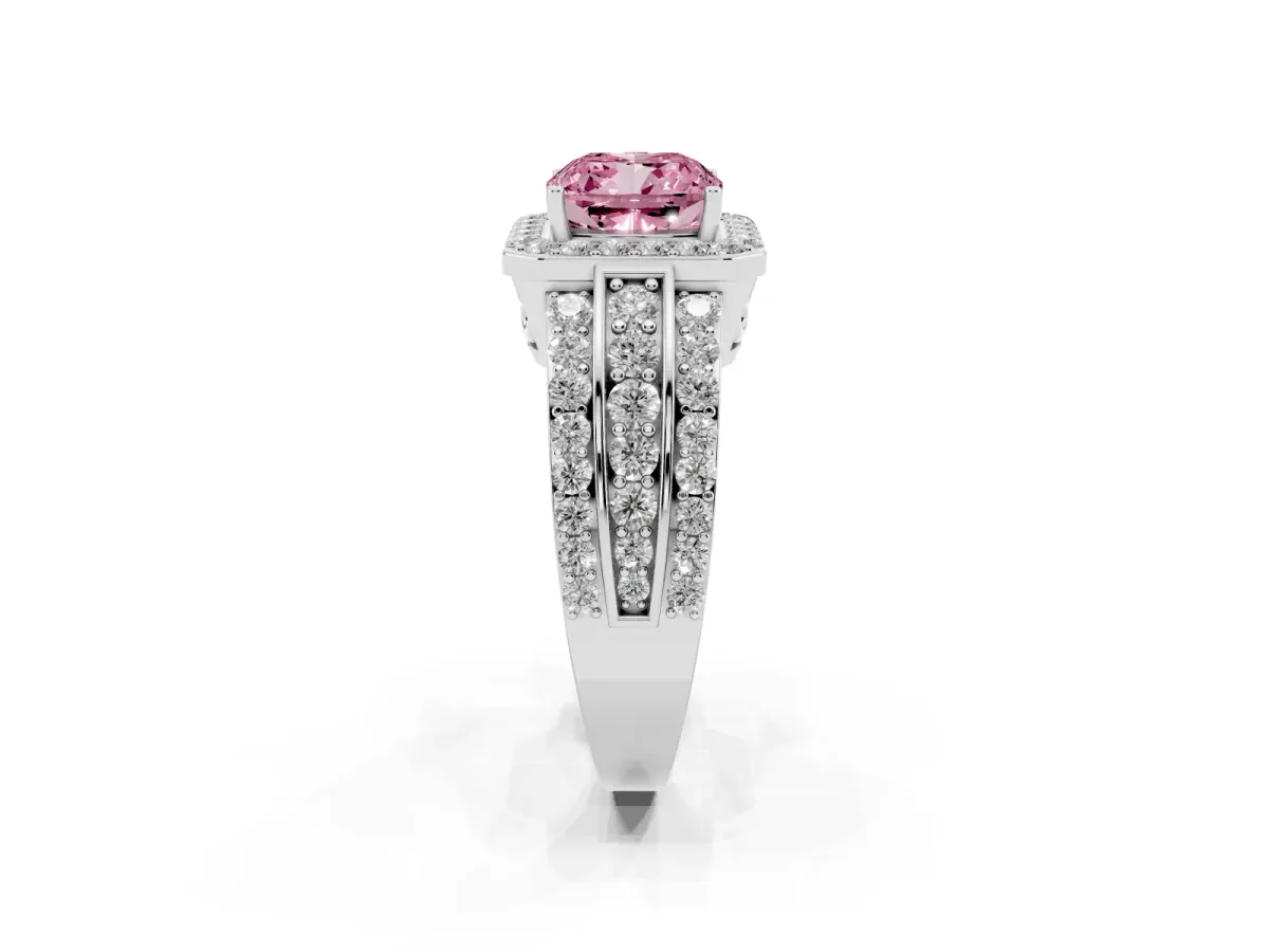 Fancy Pink Cushion Cut Halo Diamond Ring with Round Split Shank and Prong Setting Platinum