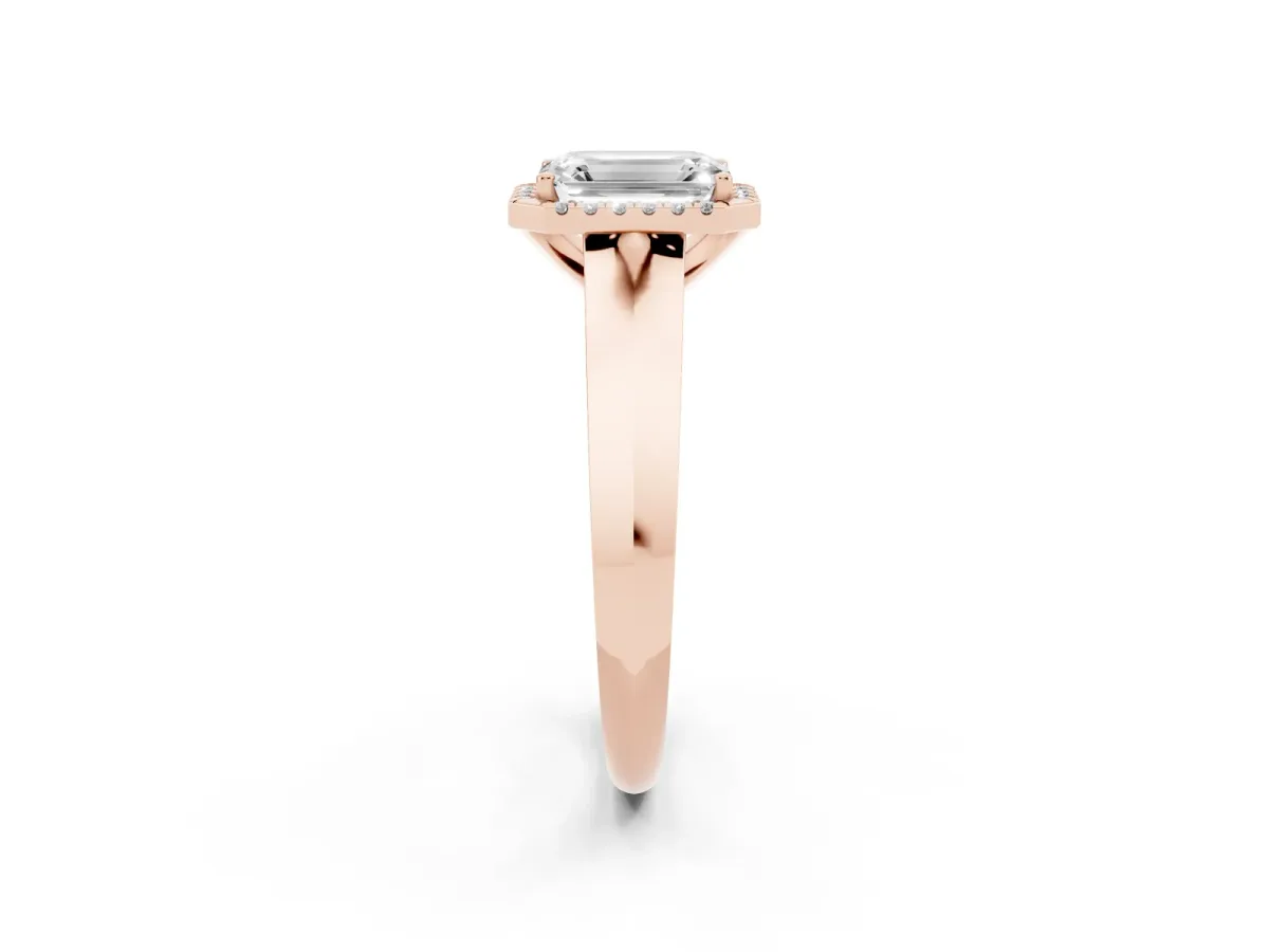 Emerald Cut Halo Diamond Ring with Cathedral Band and Four-Prong Setting Rose gold