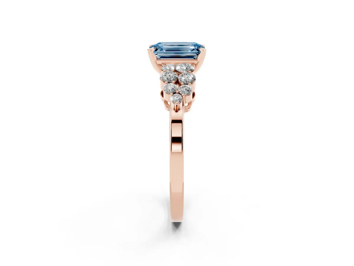 Fancy Blue Emerald Cut Cluster Diamond Engagement Ring with Pavé Band and Four-Prong Setting Rose gold