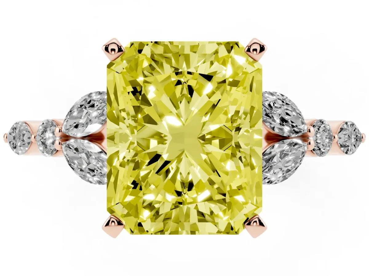 Fancy Yellow Radiant Cut Diamond Solitaire Ring with Side Stones and Four-Prong Setting Rose gold