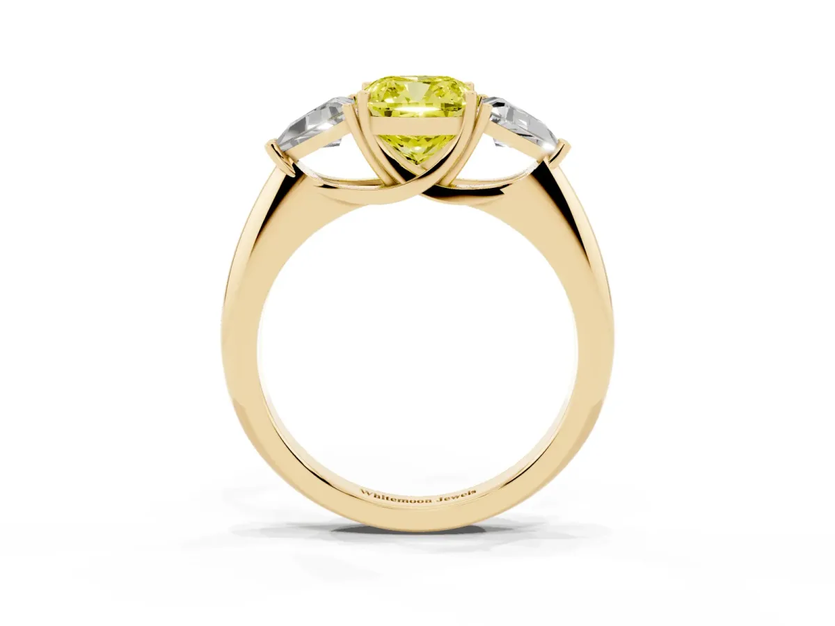 Fancy Yellow Three-Stone Cushion Cut Diamond Engagement Ring with Trillion Side Stones and Prong Setting Yellow gold