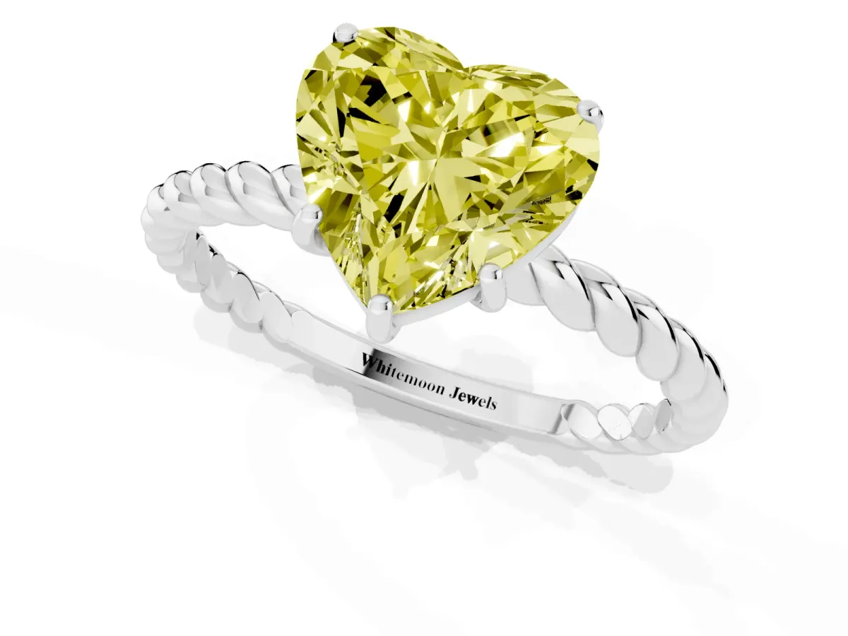 Fancy Yellow Heart Cut Solitaire Twisted Band 4-Prong Ring Platinum
