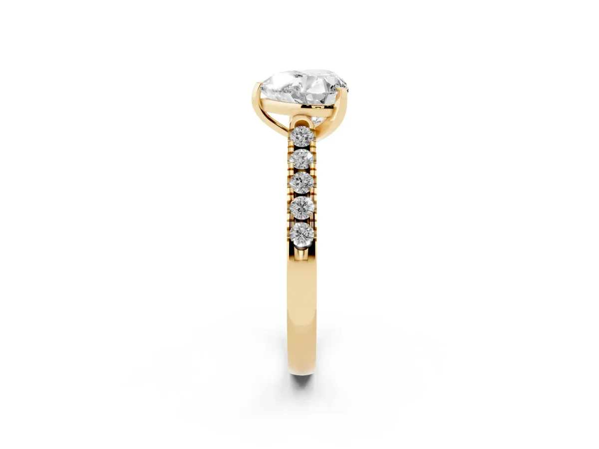 Heart Cut Diamond Pavé Band Solitaire Ring with Prong Setting Yellow gold