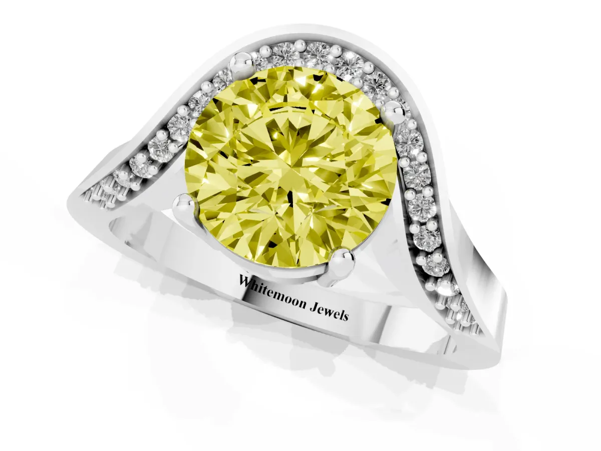 Fancy Yellow Round Cut Solitaire Diamond Engagement Ring with Pave Band and Four-Prong Setting Silver