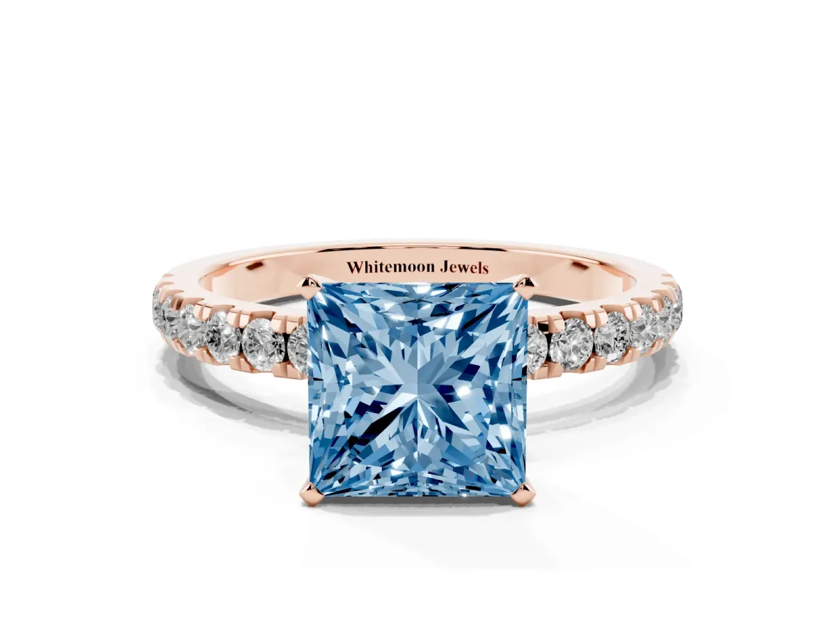 Fancy Blue Princess Cut Diamond Solitaire Ring with Pavé Accents and Four-Prong Setting Rose gold