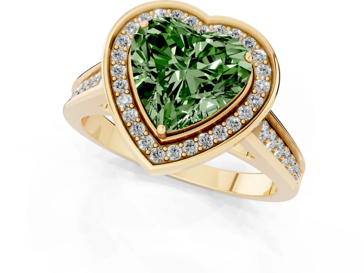 Fancy Green Heart Cut Halo Solitaire Diamond Ring with Pave Band and Bezel Setting Yellow gold