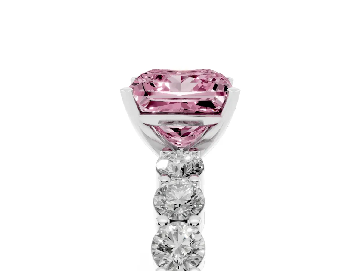 Fancy Pink Princess Cut Diamond Solitaire Ring with Shared Prong Round Side Stones Silver