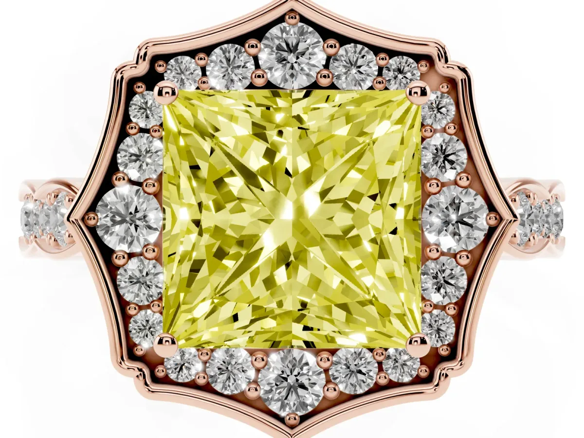 Fancy Yellow Princess Cut Halo Diamond Engagement Ring with Milgrain Band and Four-Prong Setting Rose gold