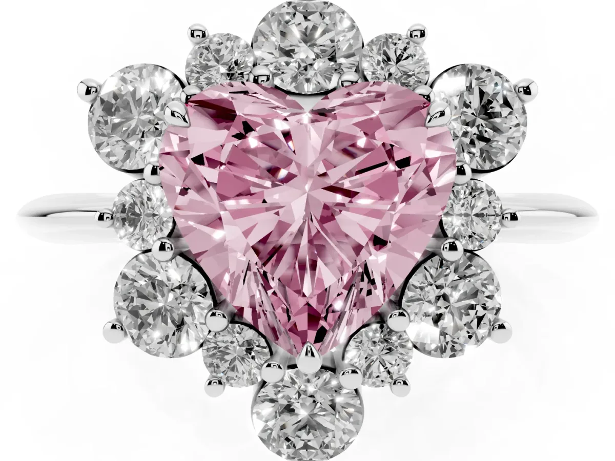 Fancy Pink Heart Cut Diamond Cluster Halo Ring with Solitaire Band and Four-Prong Setting Silver