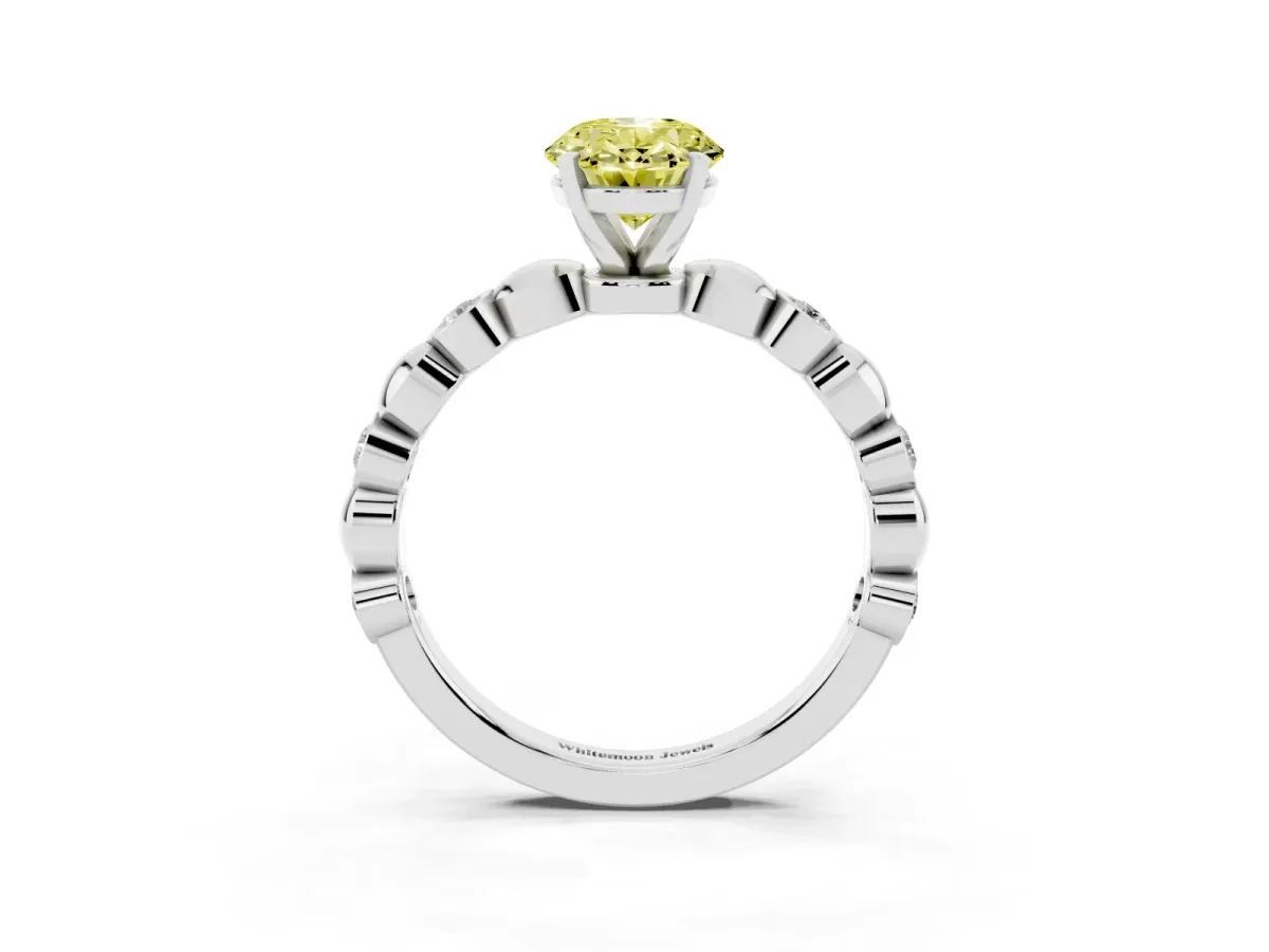 Fancy Yellow Oval Cut Solitaire Bezel-Set Diamond Ring with Beaded Band and Four-Prong Setting Silver
