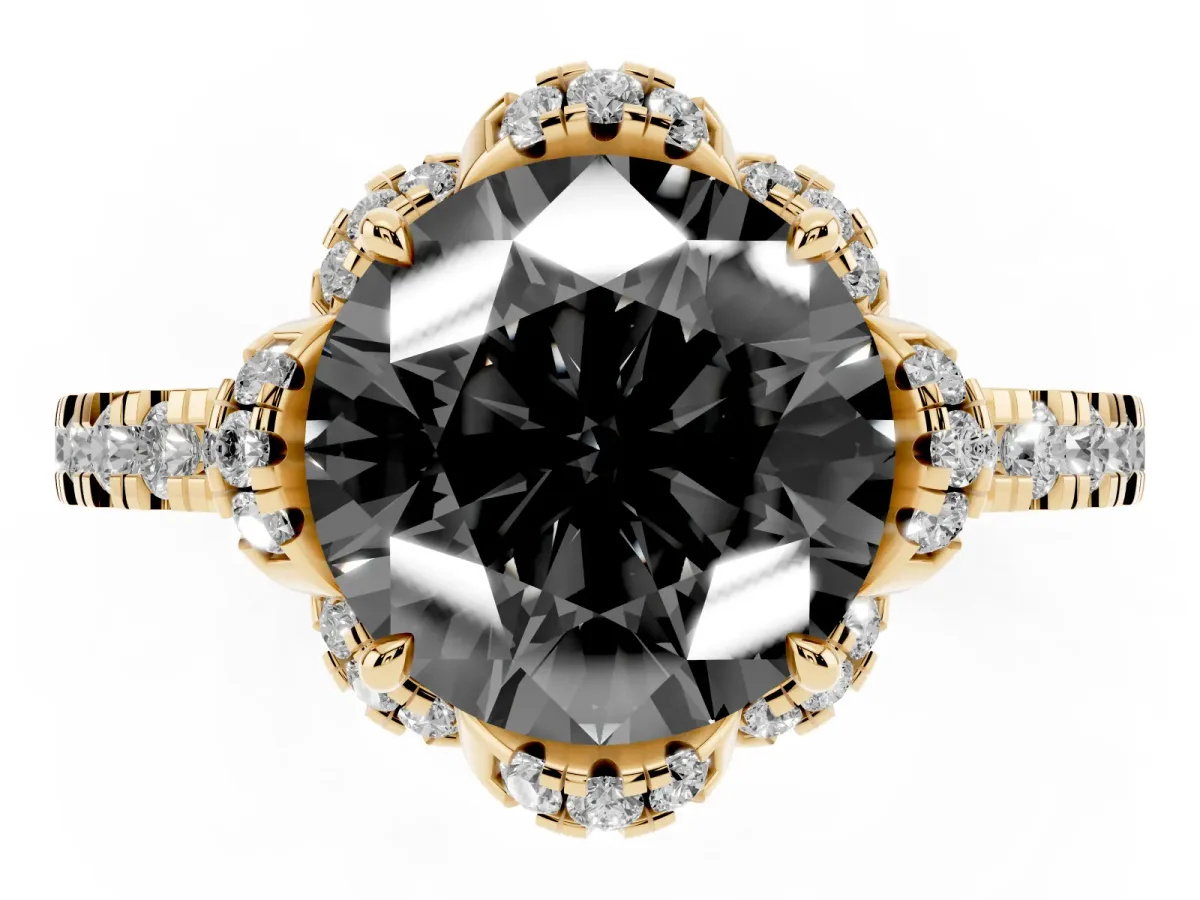 Fancy Black Round Cut Diamond Halo Pave Band with Four-Prong Setting Yellow gold