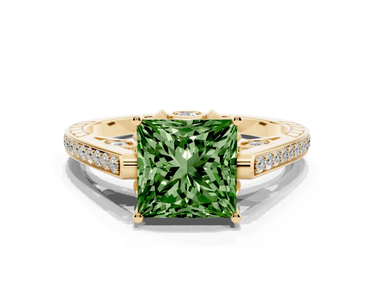 Fancy Green Princess Cut Cut Cathedral Pave Diamond Engagement Ring with Six-Prong Setting Yellow gold