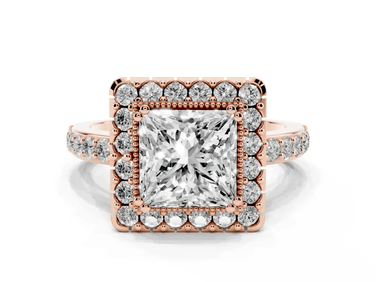 Princess Cut Diamond Halo Ring with Pavé Band and Prong Setting Rose gold