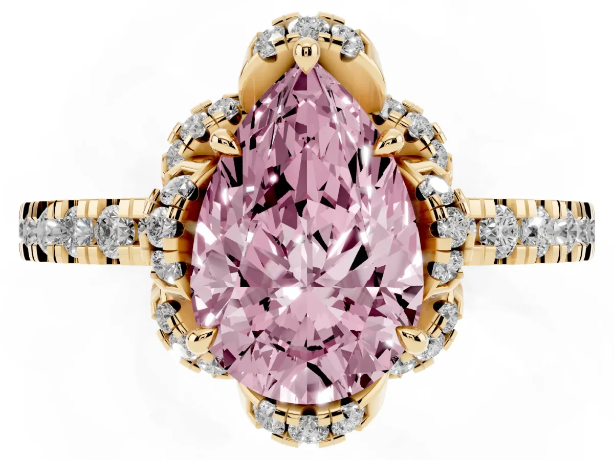 Fancy Pink Pear Cut Diamond Halo Pave Band with Four-Prong Setting Yellow gold