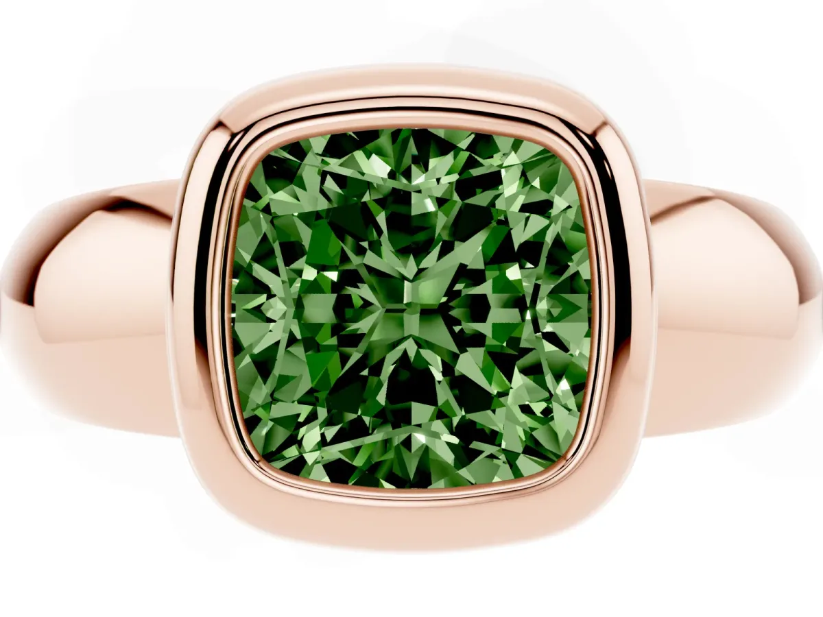 Fancy Green Bezel Set Cushion Cut Solitaire Ring with Wide Band Rose gold