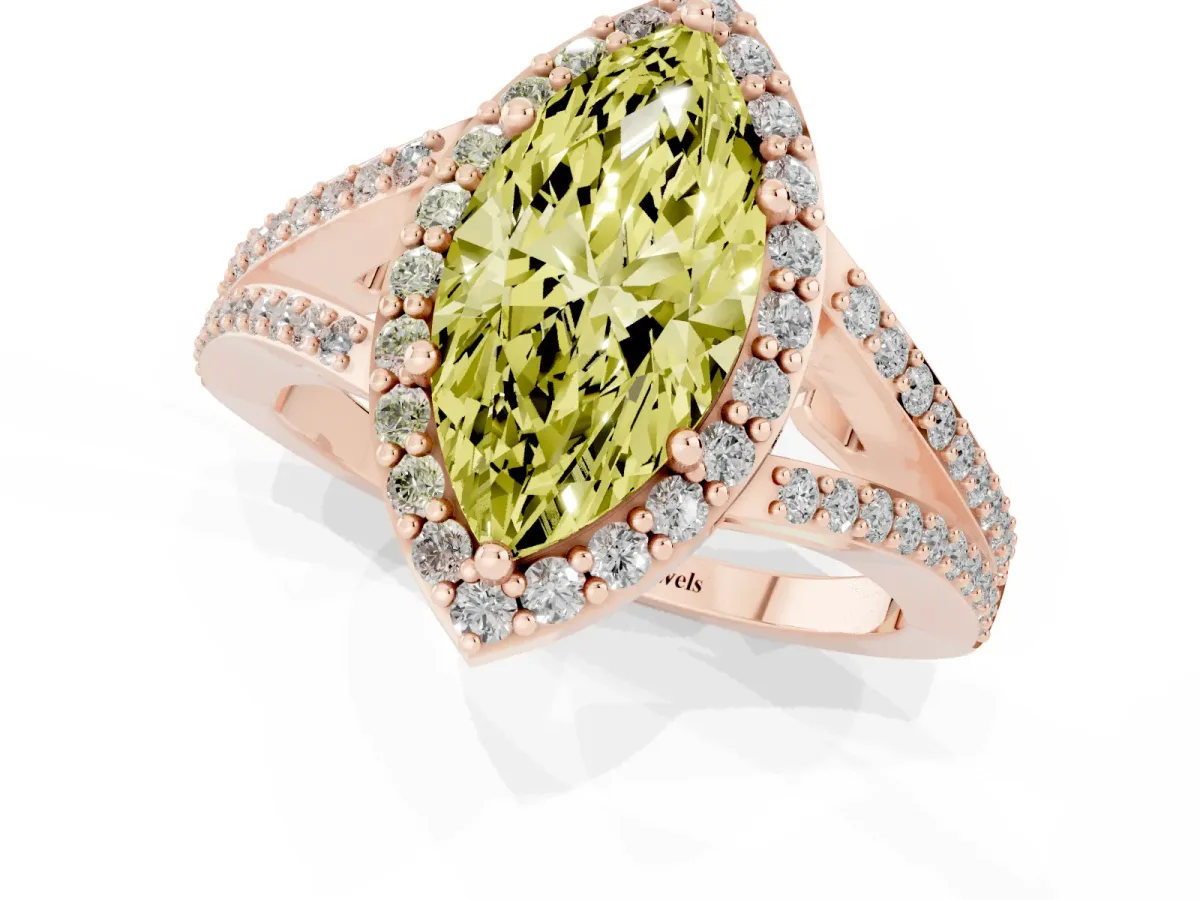Fancy Yellow Marquise Cut Halo Split Shank Diamond Ring with Prong Setting Rose gold