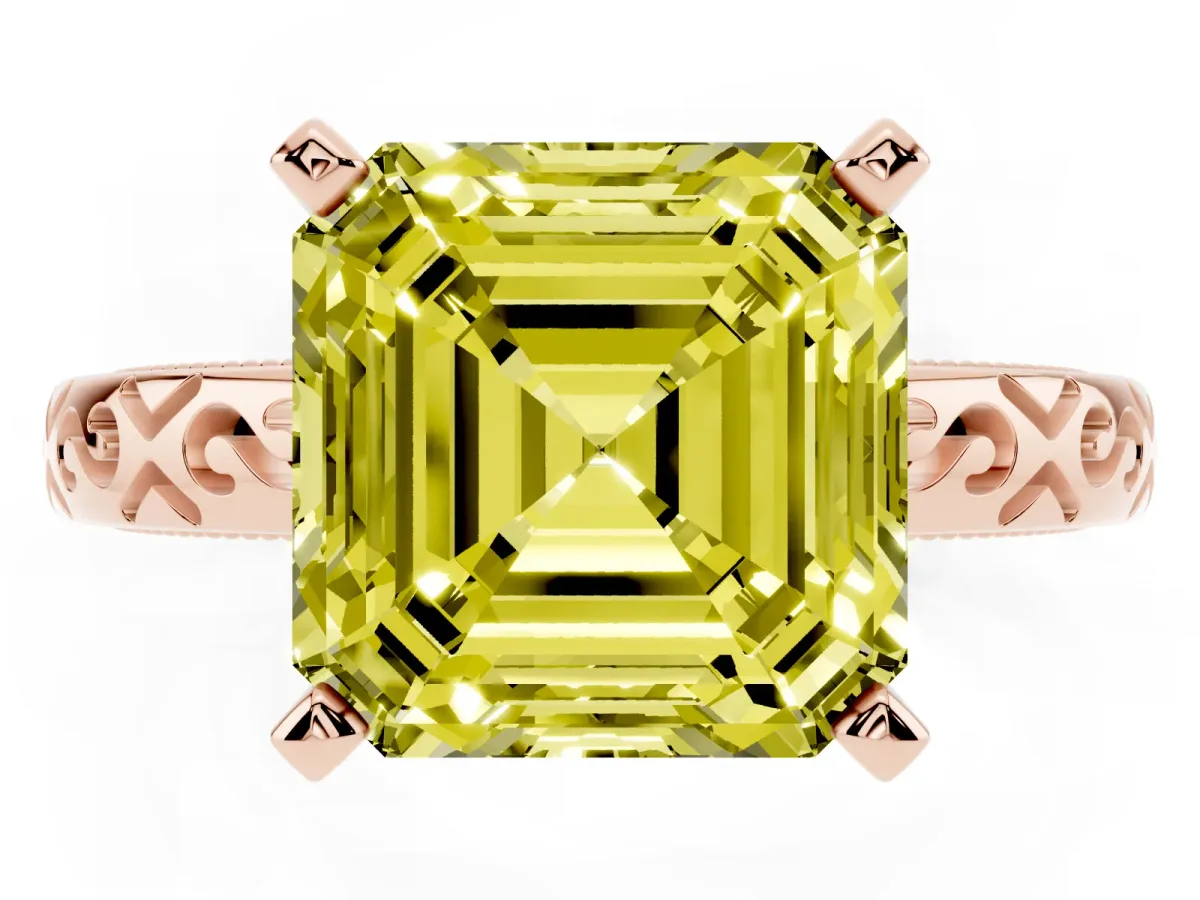 Fancy Yellow Asscher Cut Solitaire Engagement Ring with Scrollwork Band and Four-Prong Setting Rose gold