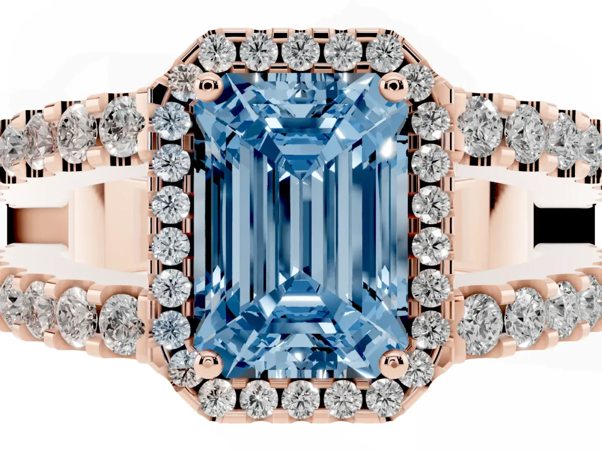 Fancy Blue Emerald Cut Cut Halo Split Shank Diamond Ring with Four-Prong Setting Rose gold