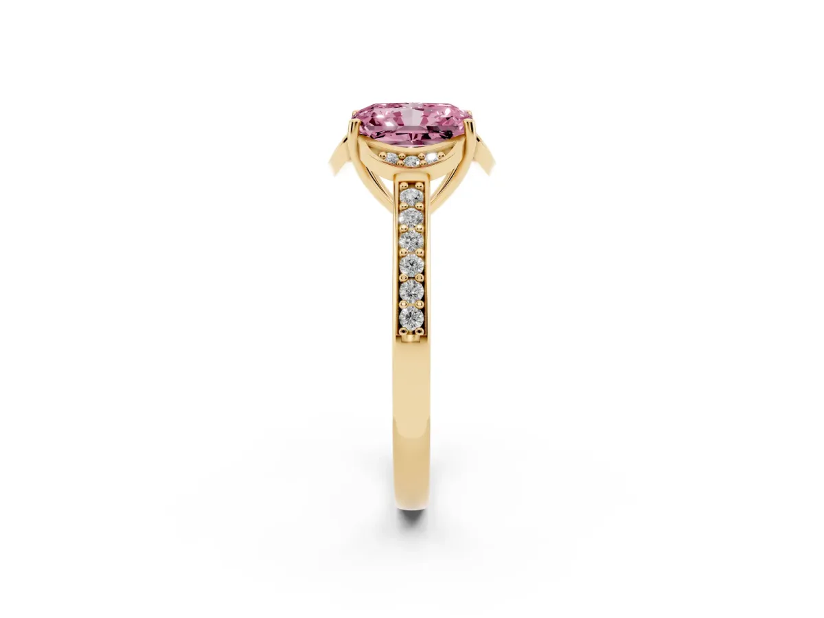 Fancy Pink Radiant Cut Cut Halo Diamond Ring with Channel Set Band and Four-Prong Setting Yellow gold