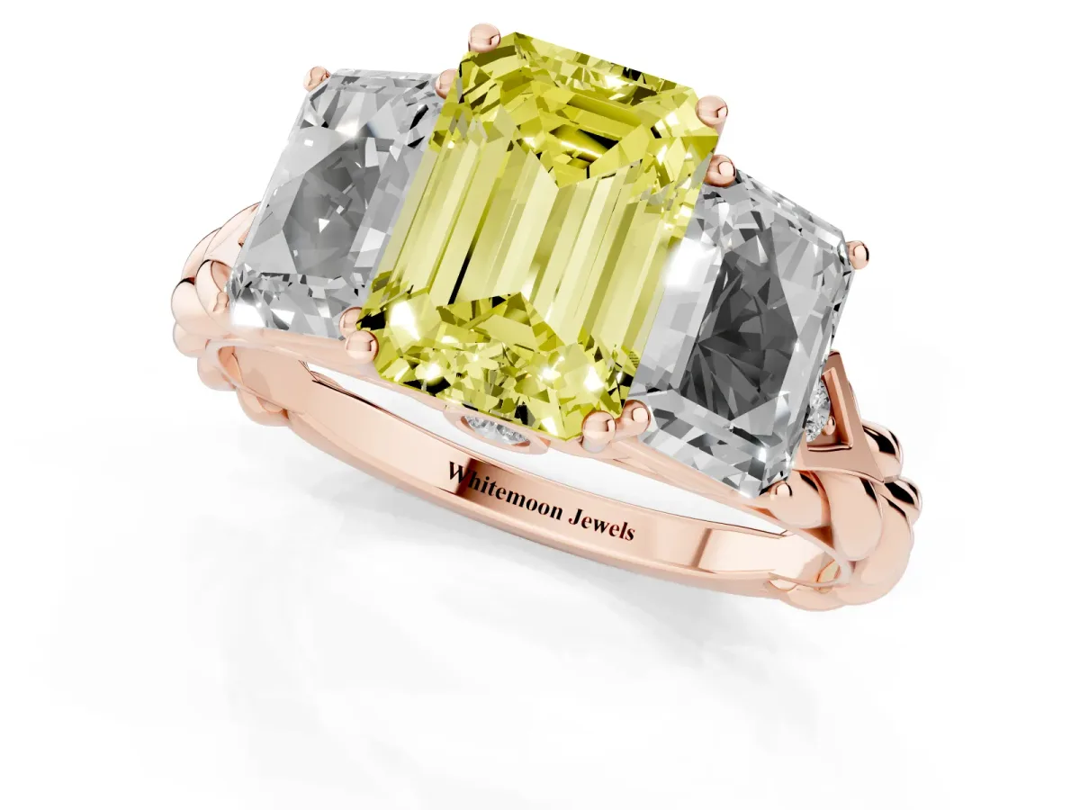 Fancy Yellow Three-Stone Radiant Cut Diamond Braided Band Ring with Four-Prong Setting Rose gold