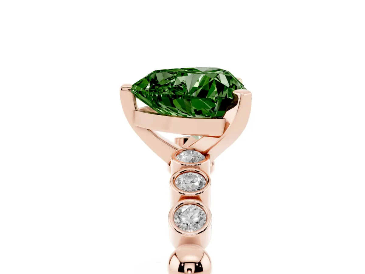 Fancy Green Heart Cut Solitaire Bezel Accent Diamond Engagement Ring with Beaded Band and Four-Prong Setting Rose gold