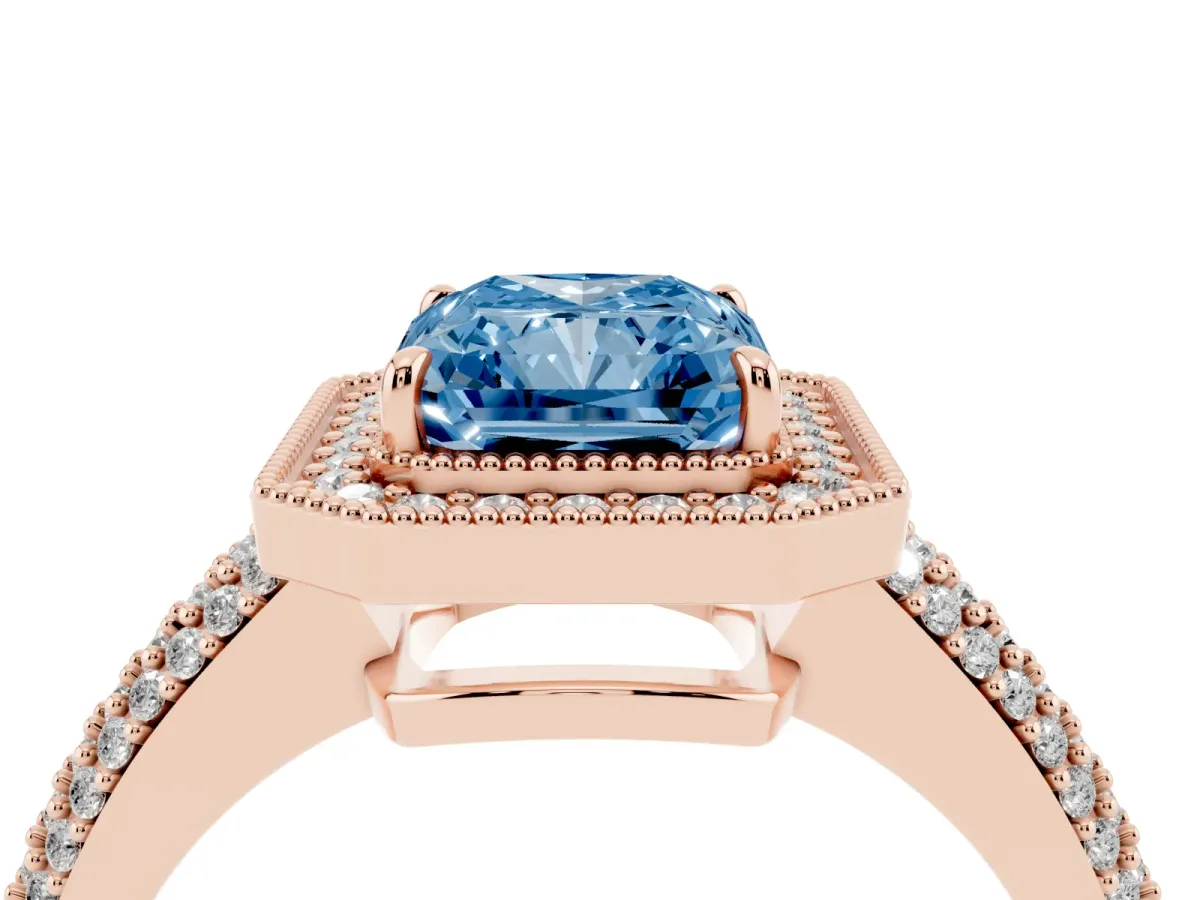 Fancy Blue Radiant Cut Cut Halo Diamond Pave Band with Four-Prong Setting Rose gold